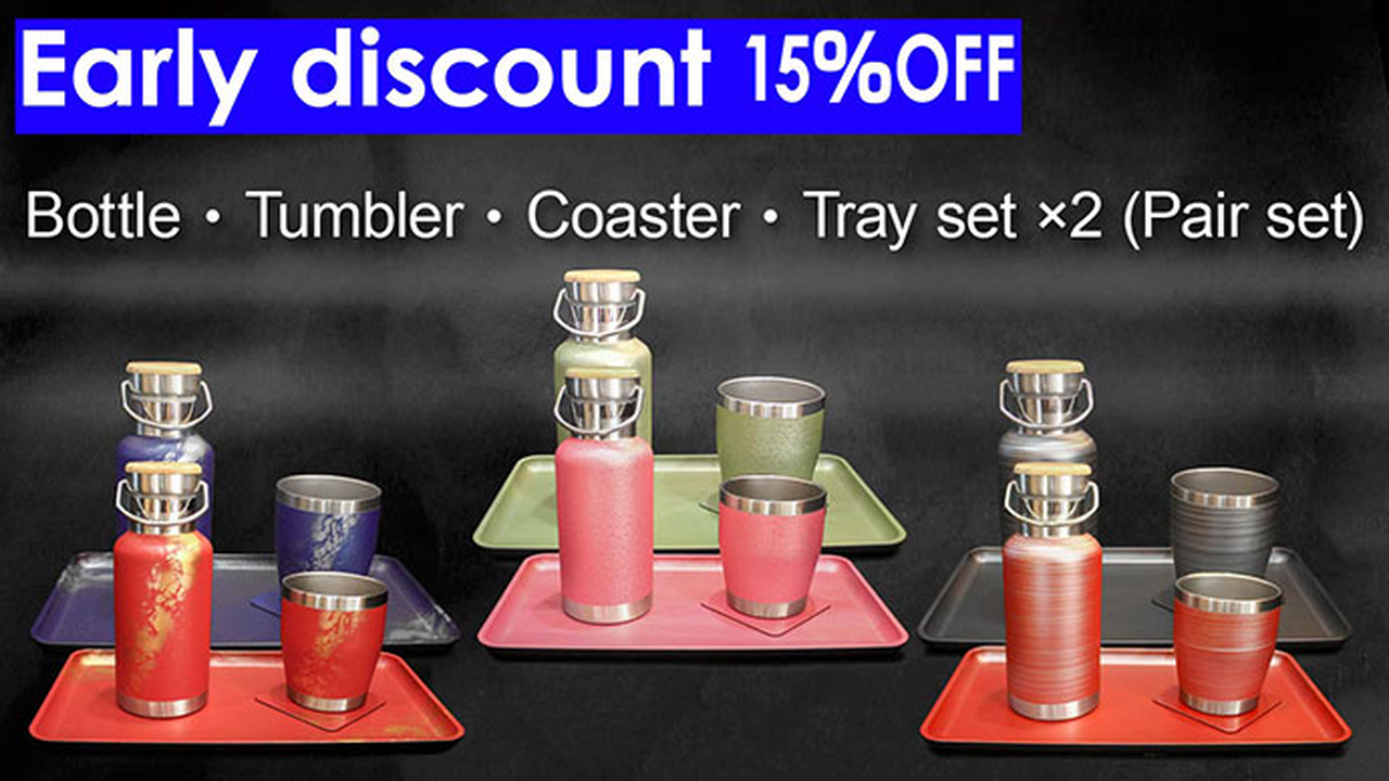 Option L) 4 Piece Set: Stainless Bottle, Tumbler, Coaster, Tray (2 of Each),, large image number 0